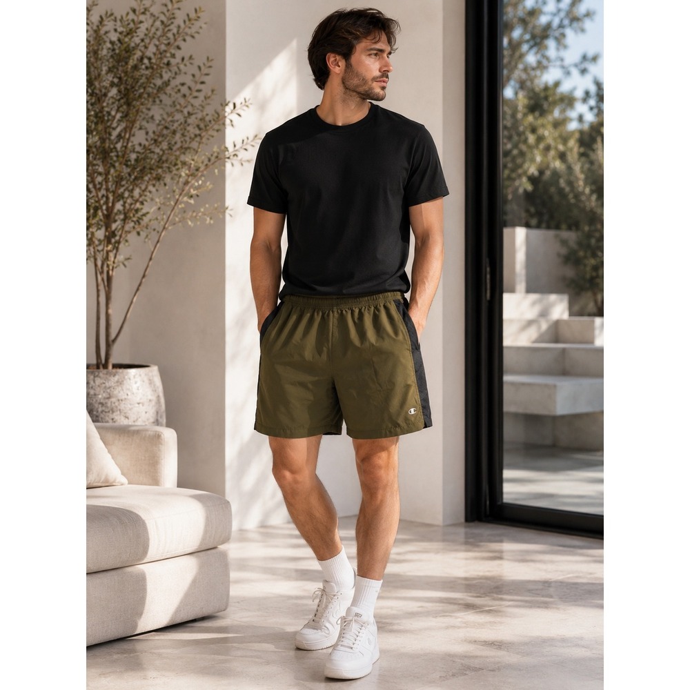 Champion Mens Athletic Shorts Olive Green Black Mesh Side Panel Size Medium